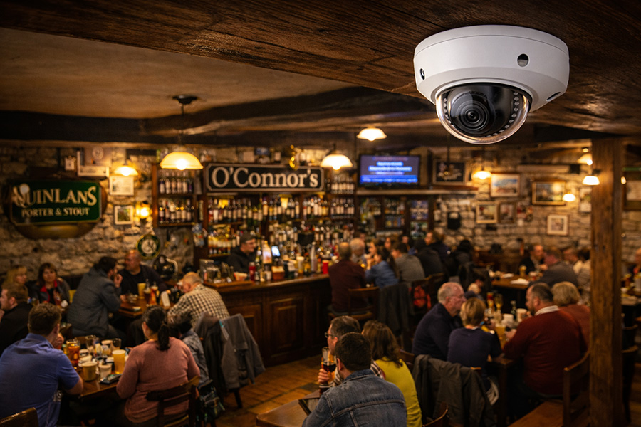 CCTV camera monitoring a coastal residential and business area in Liscannor, County Clare