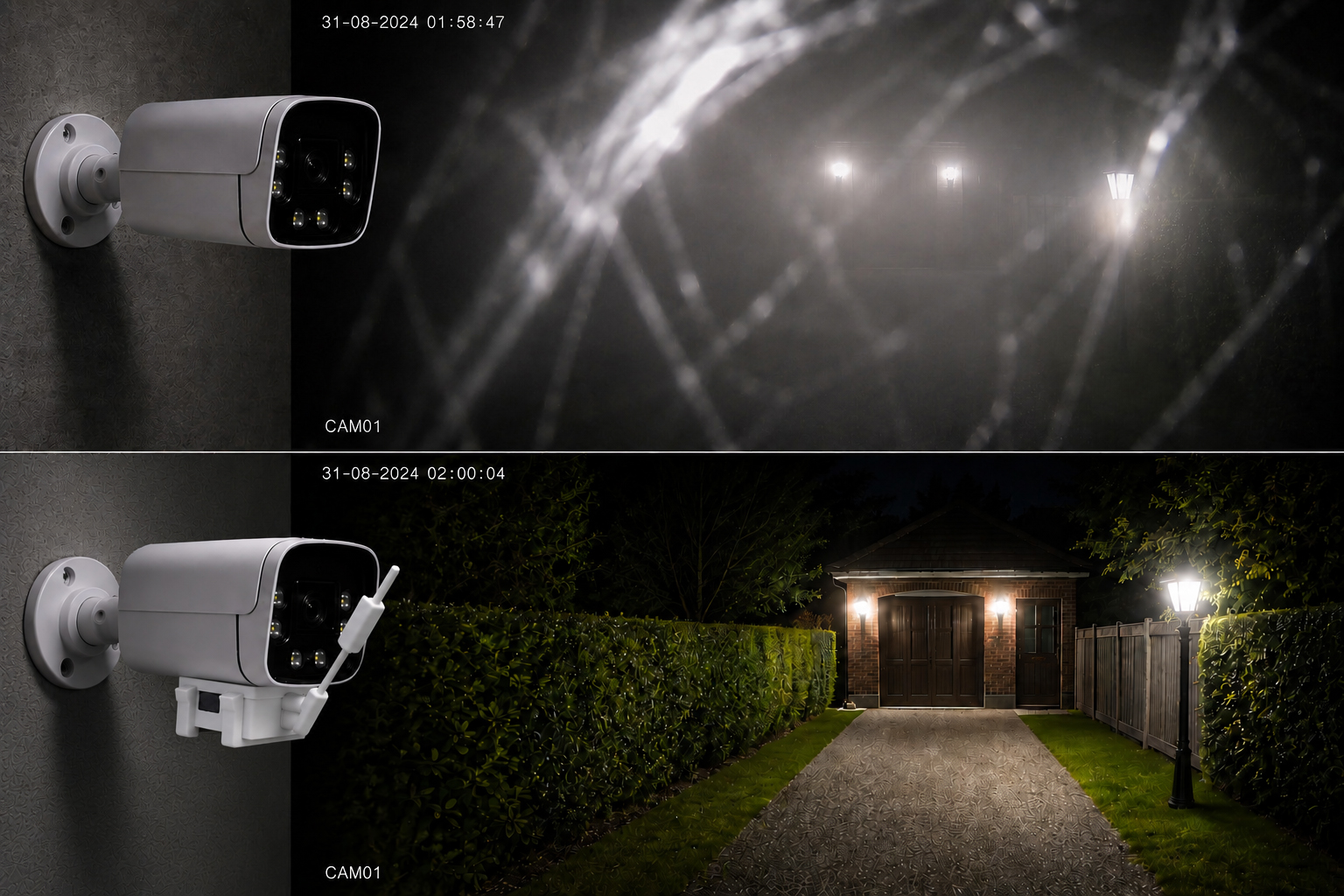 Security camera spider web remover showing CCTV image before and after Spider Wiper